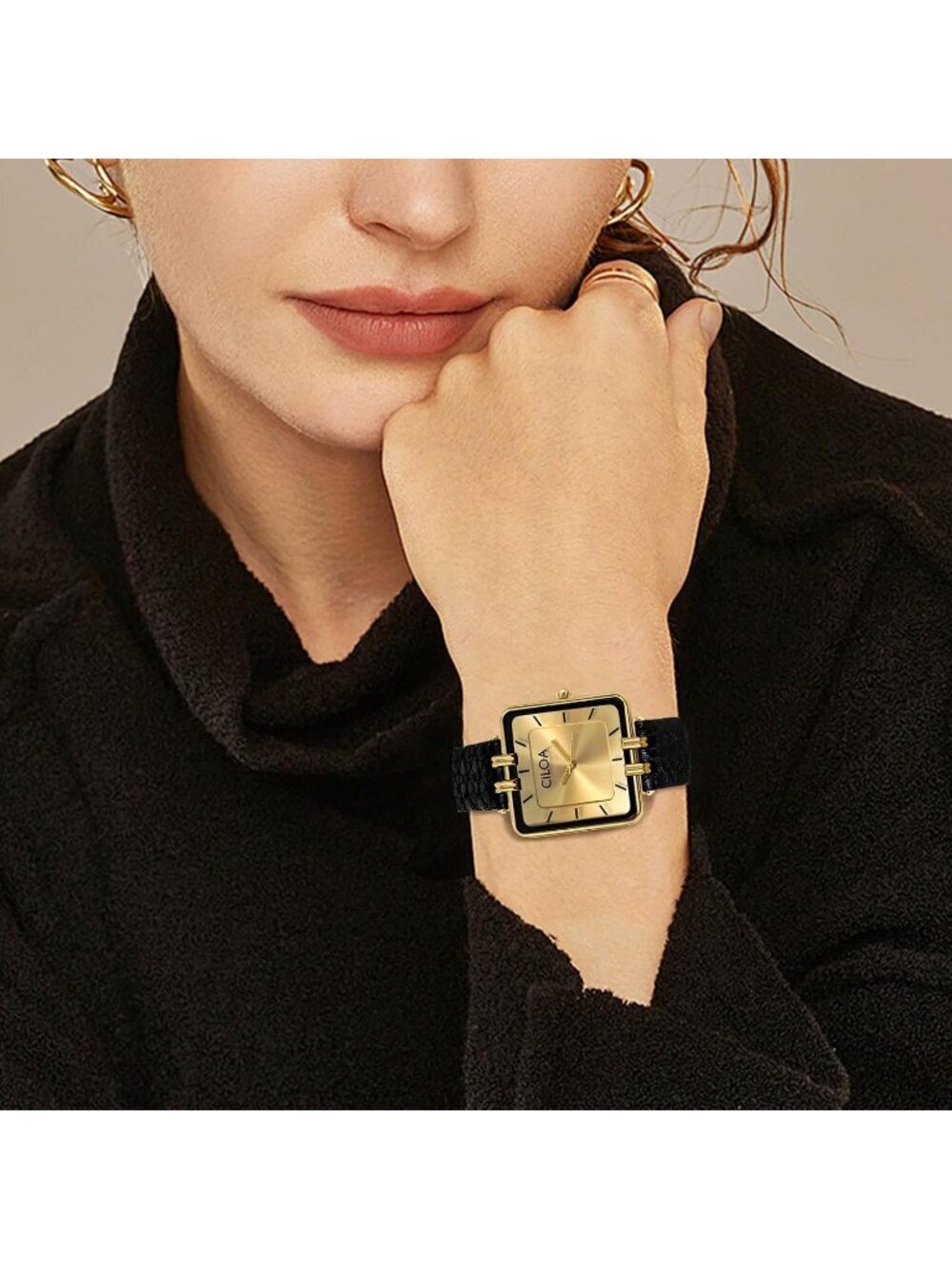 Women's Gold Leather Strap Classic Casual Fashion Square Dial Cute Wrist Watch - Picture 5 of 7